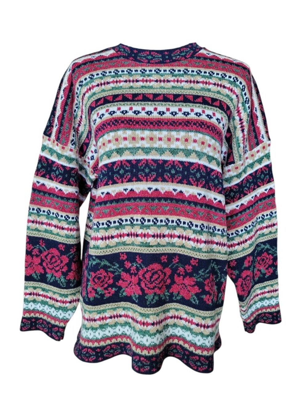 Ship'n Shore Granny-Chic Fair Isle Rose Floral Striped Sweater Women's Size L